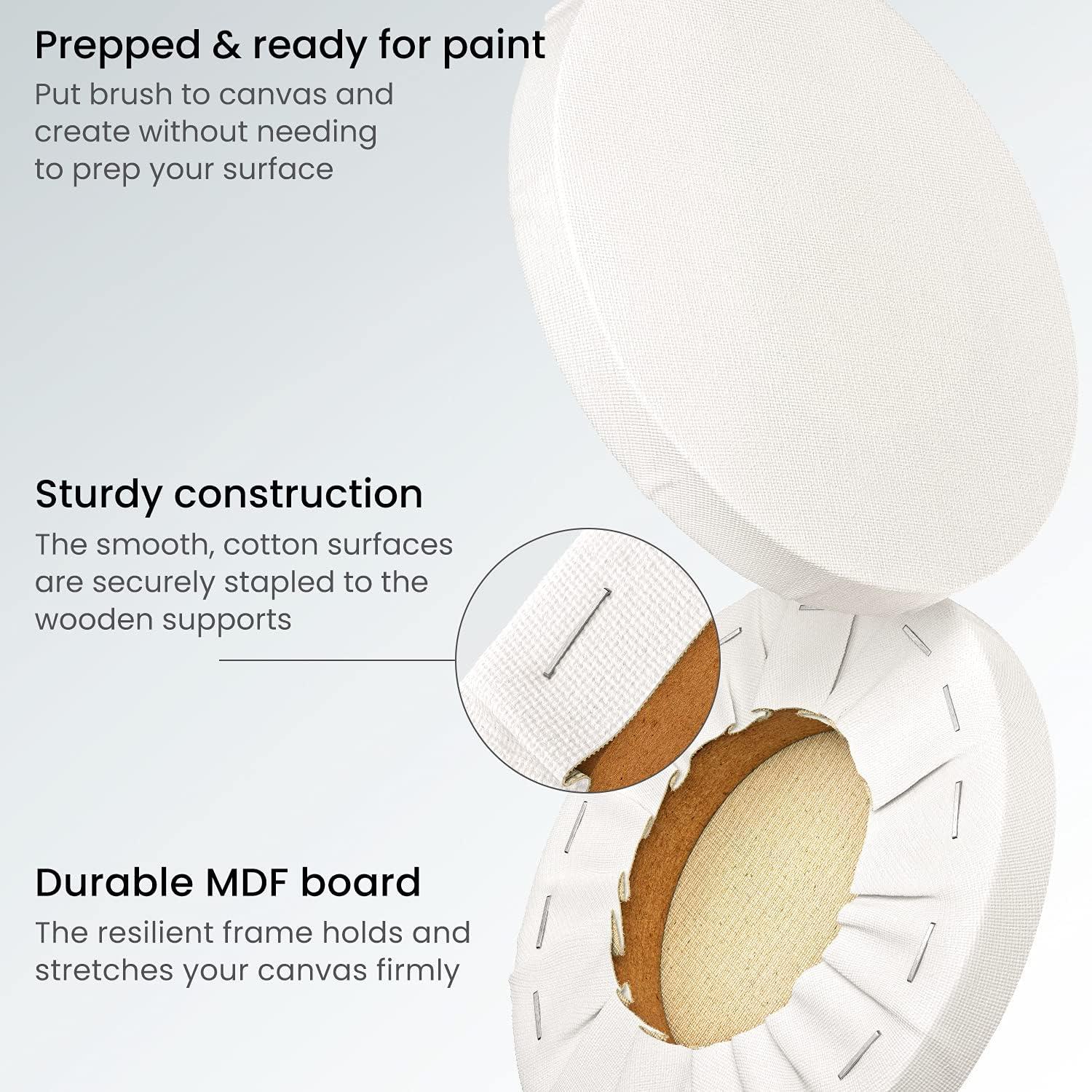 ARTEZA Round Stretched Canvas, 8 Inch Diameter, Pack of 10, Blank White Canvas Boards for Acrylic, Oil and Gouache Painting(6 inch)