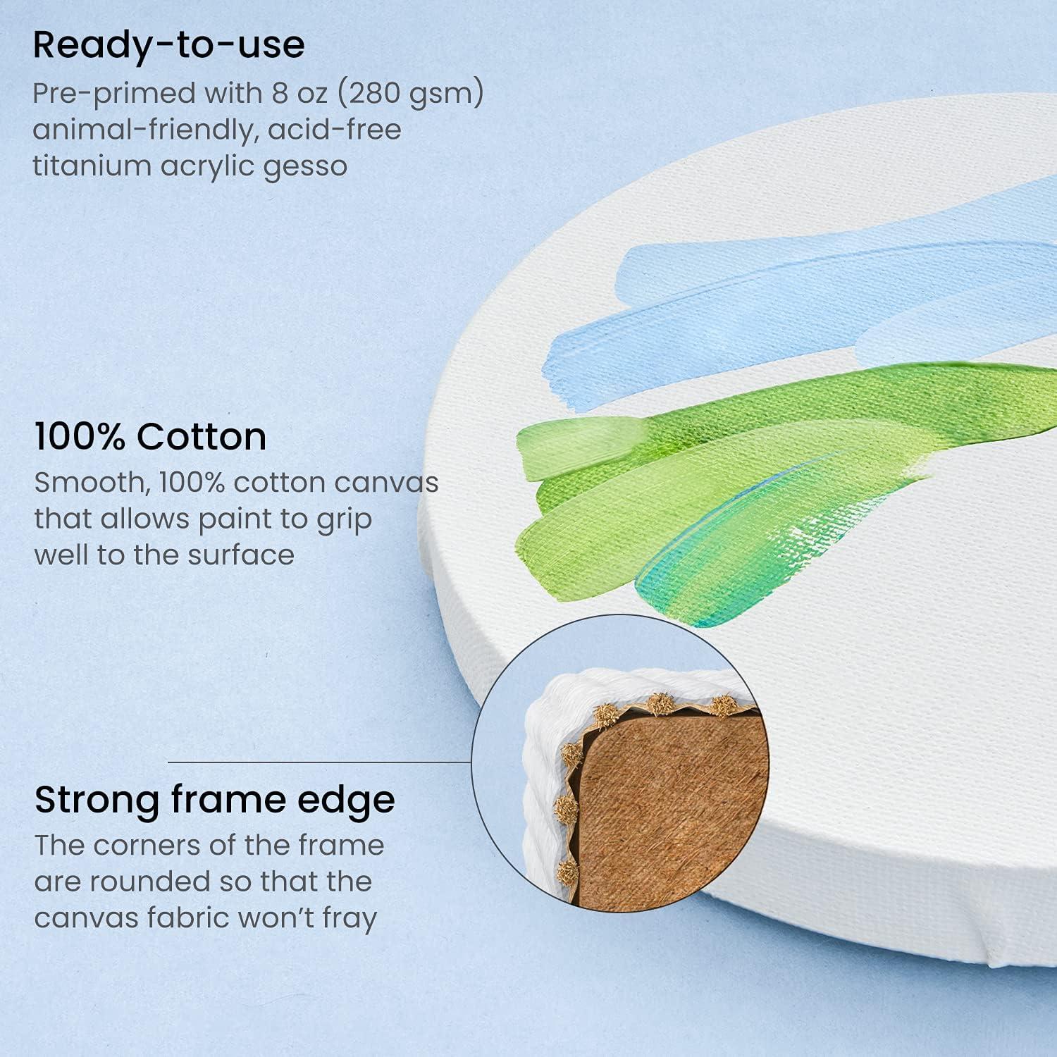 ARTEZA Round Stretched Canvas, 8 Inch Diameter, Pack of 10, Blank White Canvas Boards for Acrylic, Oil and Gouache Painting(6 inch)