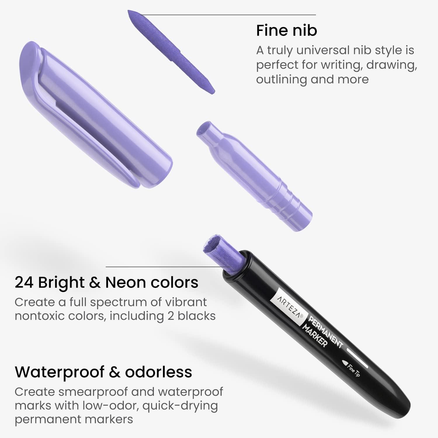 ARTEZA Permanent Markers, Set of 24, Fine Tip, Retro Pop Colors(Set 24  23 Bright & Neon Colors)