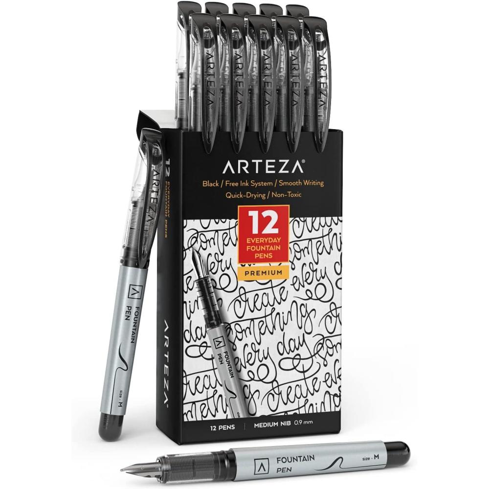 ARTEZA Disposable Fountain Pens, Pack of 12, Medium 0.9-mm Nib, Smooth-Writing Quick-Drying Black Ink Pen, Art Supplies for Professionals, Students, and Hobbyists(Black)
