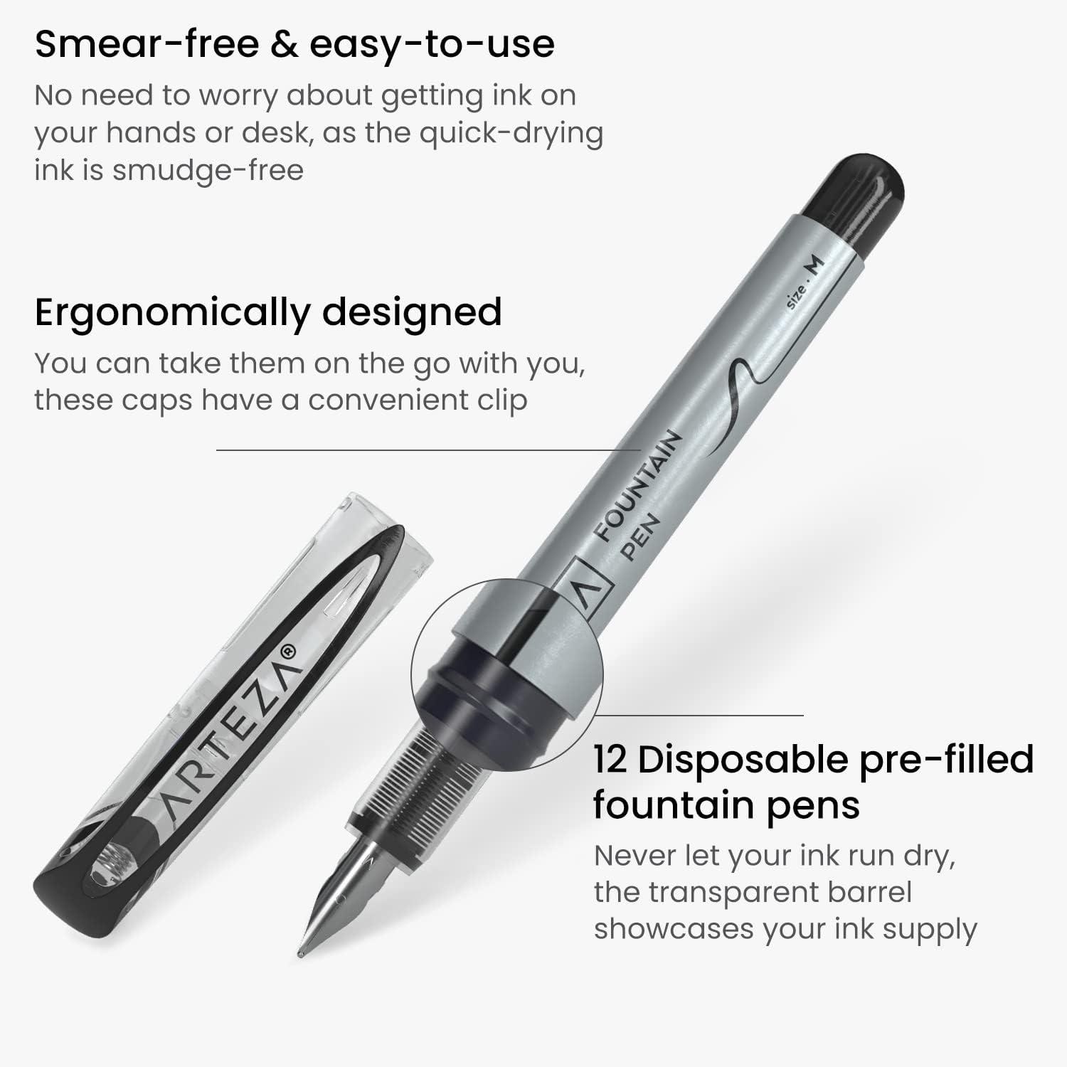 ARTEZA Disposable Fountain Pens, Pack of 12, Medium 0.9-mm Nib, Smooth-Writing Quick-Drying Black Ink Pen, Art Supplies for Professionals, Students, and Hobbyists(Black)