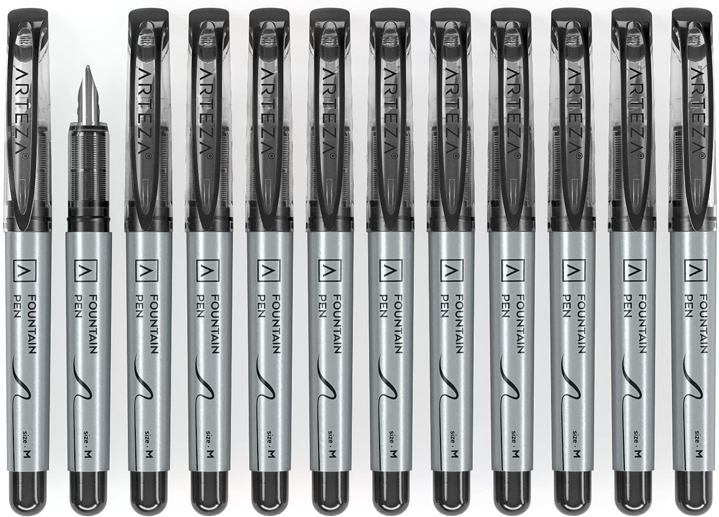 ARTEZA Disposable Fountain Pens, Pack of 12, Medium 0.9-mm Nib, Smooth-Writing Quick-Drying Black Ink Pen, Art Supplies for Professionals, Students, and Hobbyists(Black)