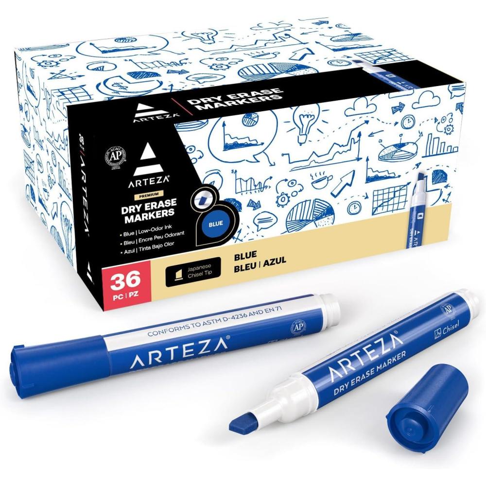 ARTEZA Dry Erase Markers Bulk Pack of 52, 12 Assorted Colors, Low-Odor Ink Whiteboard Pens with Chisel Tip, Office Supplies for Classroom, Home & Teachers(Blue)