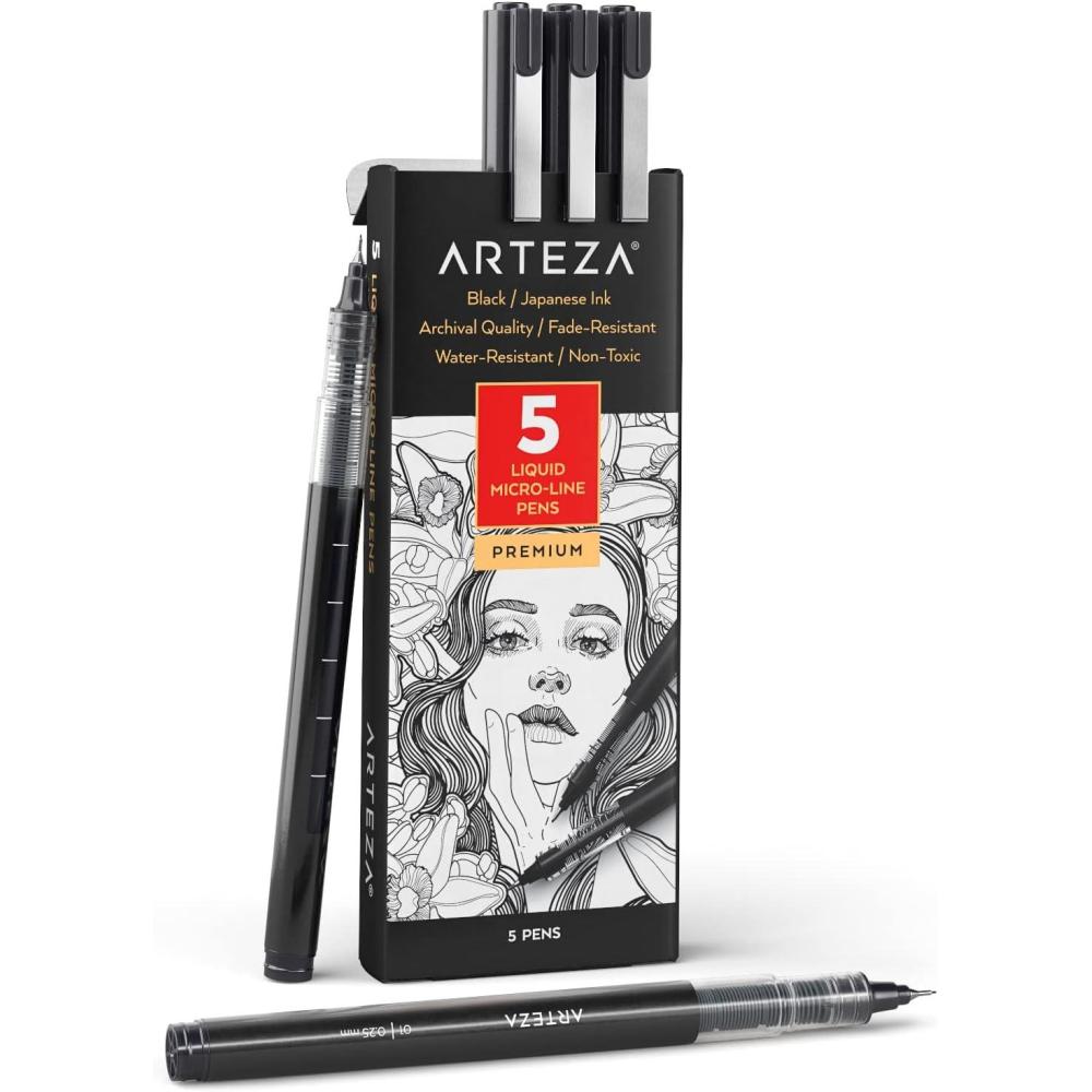 ARTEZA Micro-Line Ink Pens, Set of 9, Black Fineliners with Japanese Archival Ink, Art Supplies for Comic Artists and Illustrators(1 Count (Pack of 5))