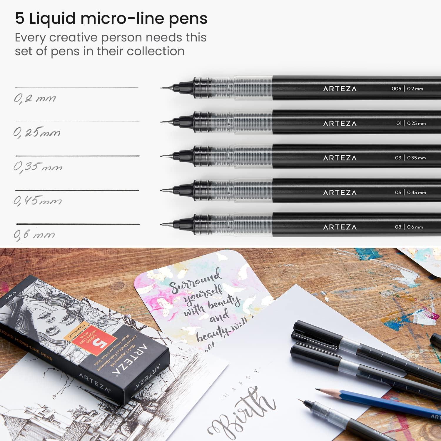 ARTEZA Micro-Line Ink Pens, Set of 9, Black Fineliners with Japanese Archival Ink, Art Supplies for Comic Artists and Illustrators(1 Count (Pack of 5))