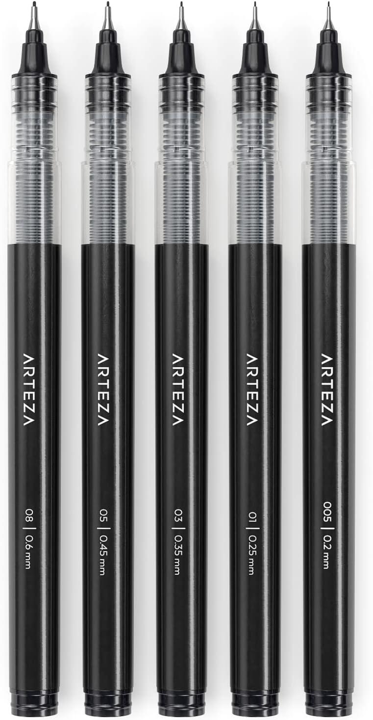 ARTEZA Micro-Line Ink Pens, Set of 9, Black Fineliners with Japanese Archival Ink, Art Supplies for Comic Artists and Illustrators(1 Count (Pack of 5))