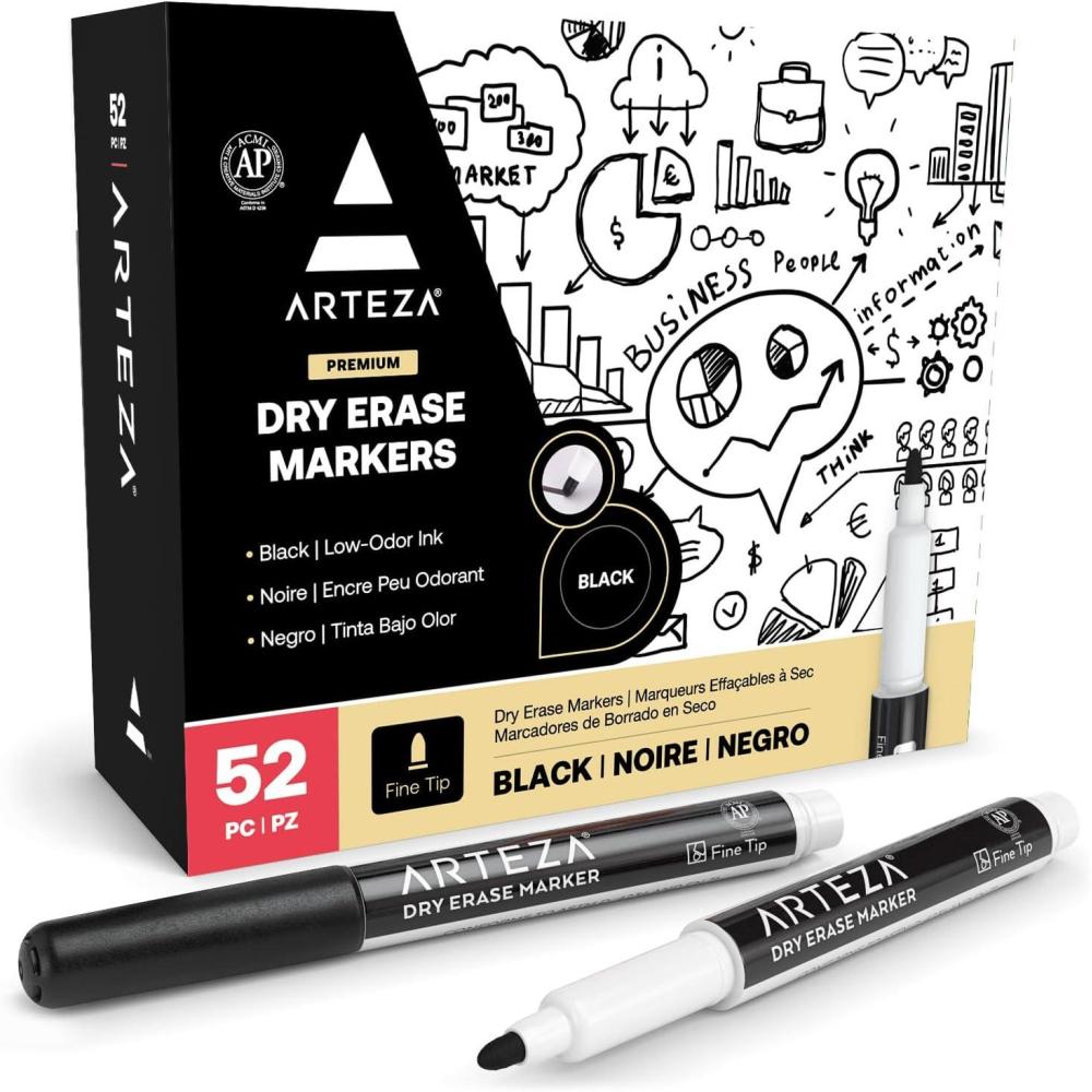 ARTEZA Dry Erase Markers Fine Tip – Bulk Pack of 36 Low-Odor Whiteboard Pens in 12 Assorted Colors for Classrooms, Offices & Daily Planning(1 Count (Pack of 52))