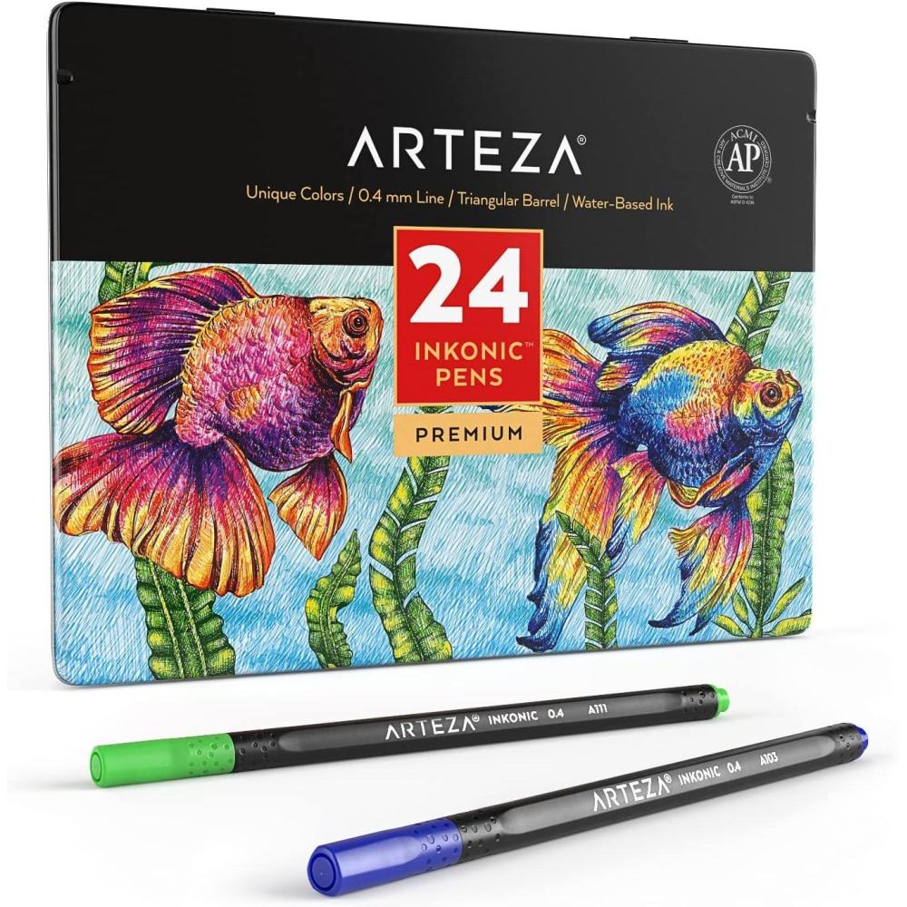 ARTEZA Black Inkonic Fineliners Pens, Set of 12, 0.4 mm Fine Tip Markers, Water-Based Art Pens for Drawing, Sketching, Journaling, Calligraphy(1 Count (Pack of 24))