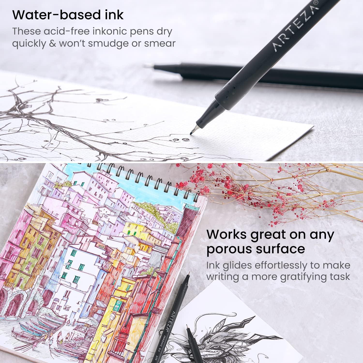 ARTEZA Black Inkonic Fineliners Pens, Set of 12, 0.4 mm Fine Tip Markers, Water-Based Art Pens for Drawing, Sketching, Journaling, Calligraphy(1 Count (Pack of 24))