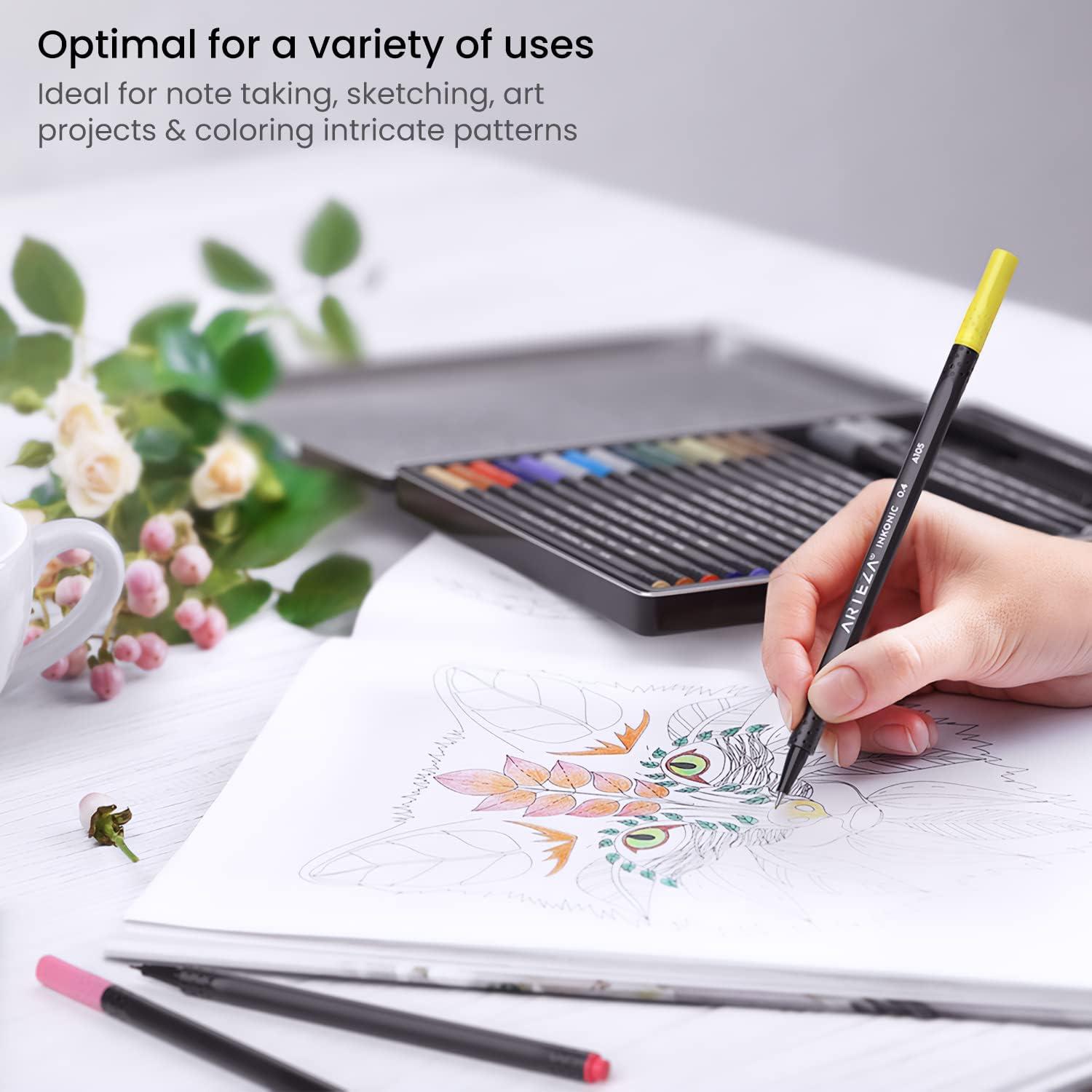ARTEZA Black Inkonic Fineliners Pens, Set of 12, 0.4 mm Fine Tip Markers, Water-Based Art Pens for Drawing, Sketching, Journaling, Calligraphy(1 Count (Pack of 24))