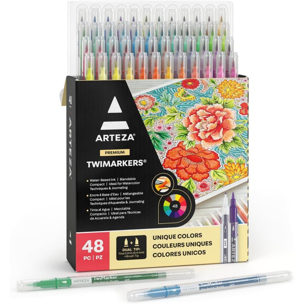 ARTEZA Dual Tip Brush Markers, Set of 100, Art Markers with Fine and Brush Tips, Dual Tip Pens for Adult Coloring, Calligraphy, Sketching, Doodling(1 Count (Pack of 48))