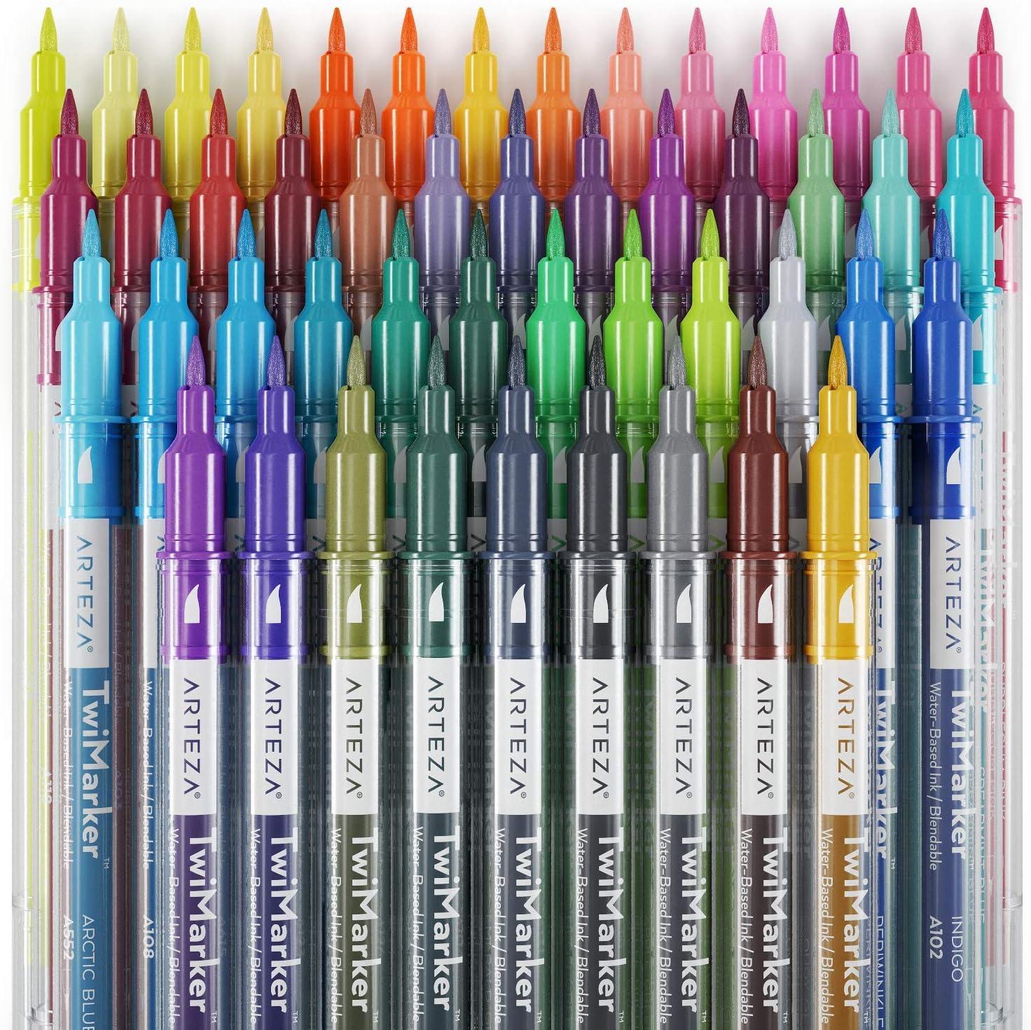 ARTEZA Dual Tip Brush Markers, Set of 100, Art Markers with Fine and Brush Tips, Dual Tip Pens for Adult Coloring, Calligraphy, Sketching, Doodling(1 Count (Pack of 48))