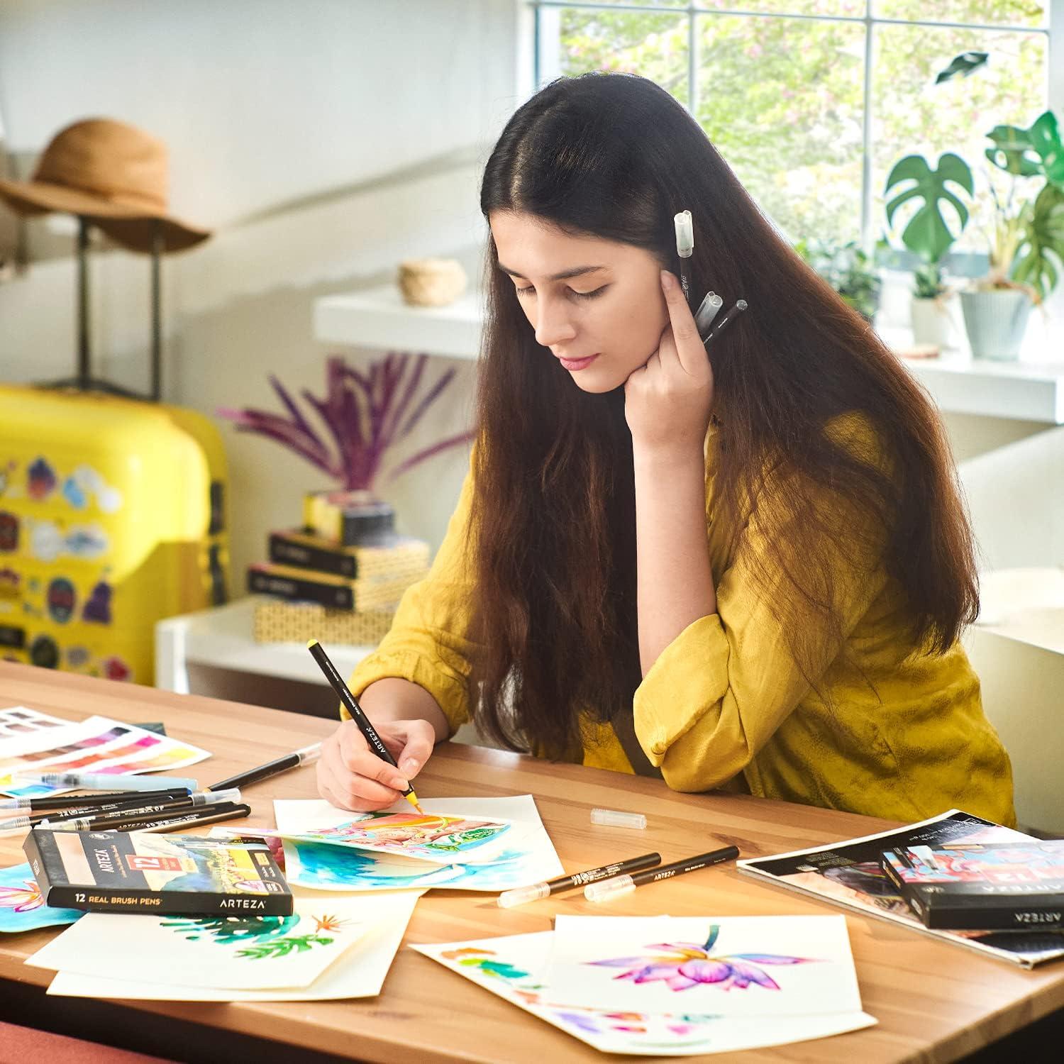 ARTEZA 12 Watercolor Pens for Artists, Landscape Tones Real Brush Pens, Blendable Watercolor Markers for Adults(Landscape Colors)