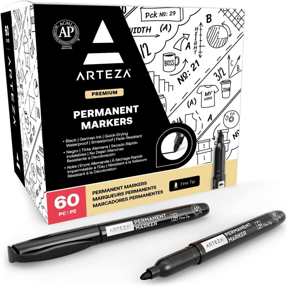 ARTEZA Permanent Markers in Bulk, Set of 60, Black & Blue, Fine Tip(Black)