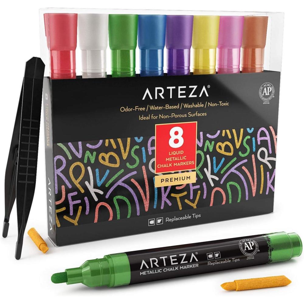 ARTEZA Liquid Chalk Markers, Set of 8, Metallic Colors, Erasable(Metallic)