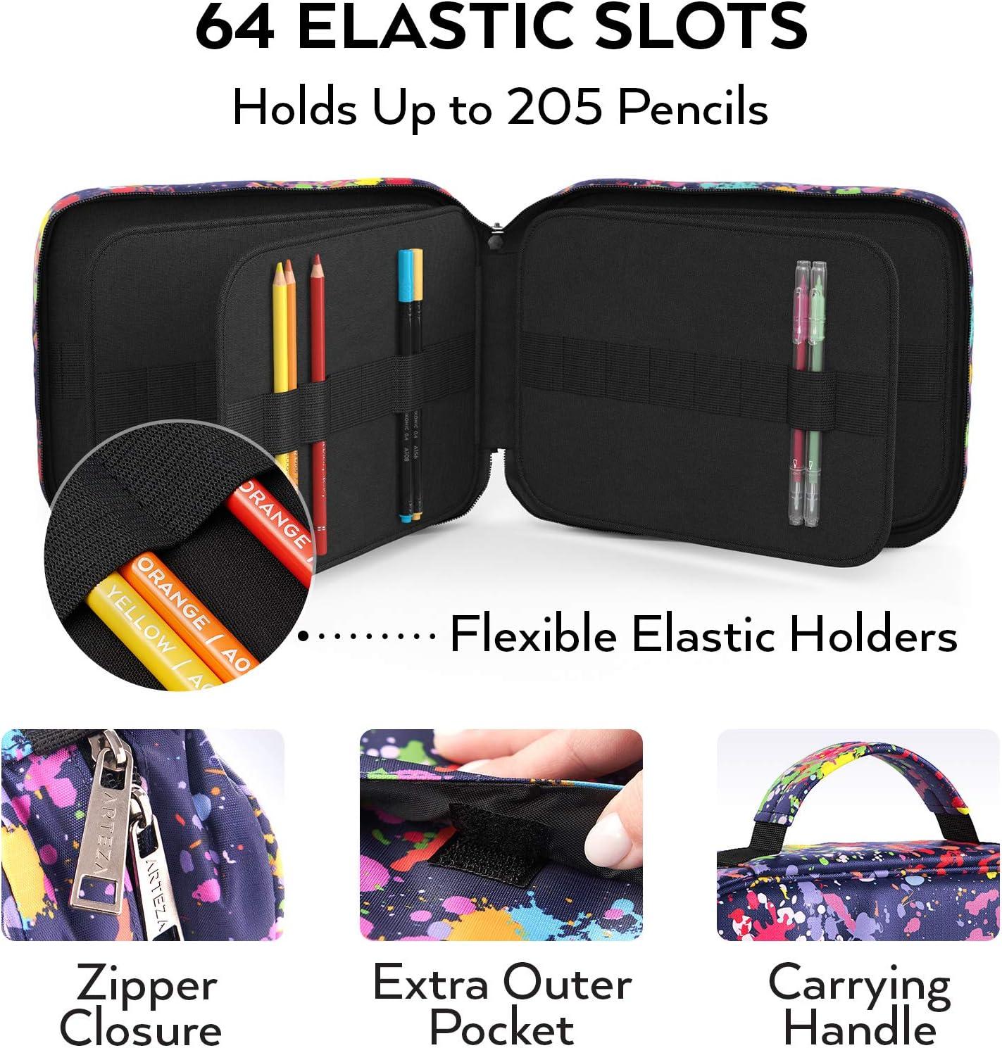 Arteza Pencil Case Organizer, 64 Elastic Slots, Paint Splatter Pattern, Large Capacity, Holds Up to 205 Pencils, Pens, and Markers(Paint Splatter Pattern)