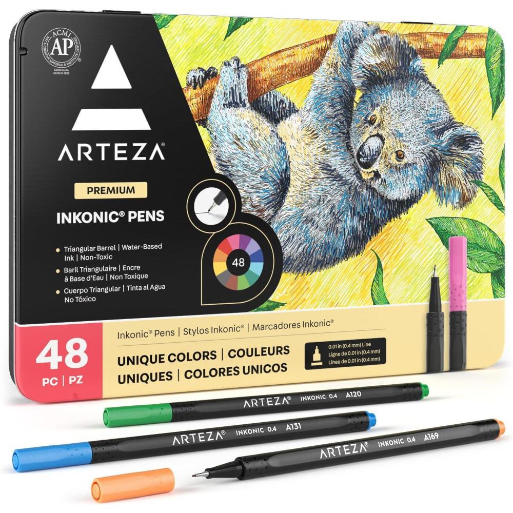 ARTEZA Black Inkonic Fineliners Pens, Set of 12, 0.4 mm Fine Tip Markers, Water-Based Art Pens for Drawing, Sketching, Journaling, Calligraphy(1 Count (Pack of 48))