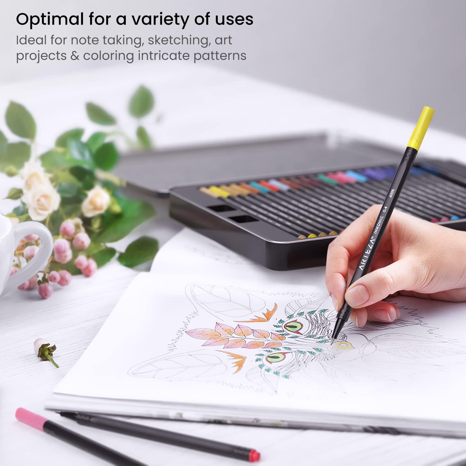 ARTEZA Black Inkonic Fineliners Pens, Set of 12, 0.4 mm Fine Tip Markers, Water-Based Art Pens for Drawing, Sketching, Journaling, Calligraphy(1 Count (Pack of 48))