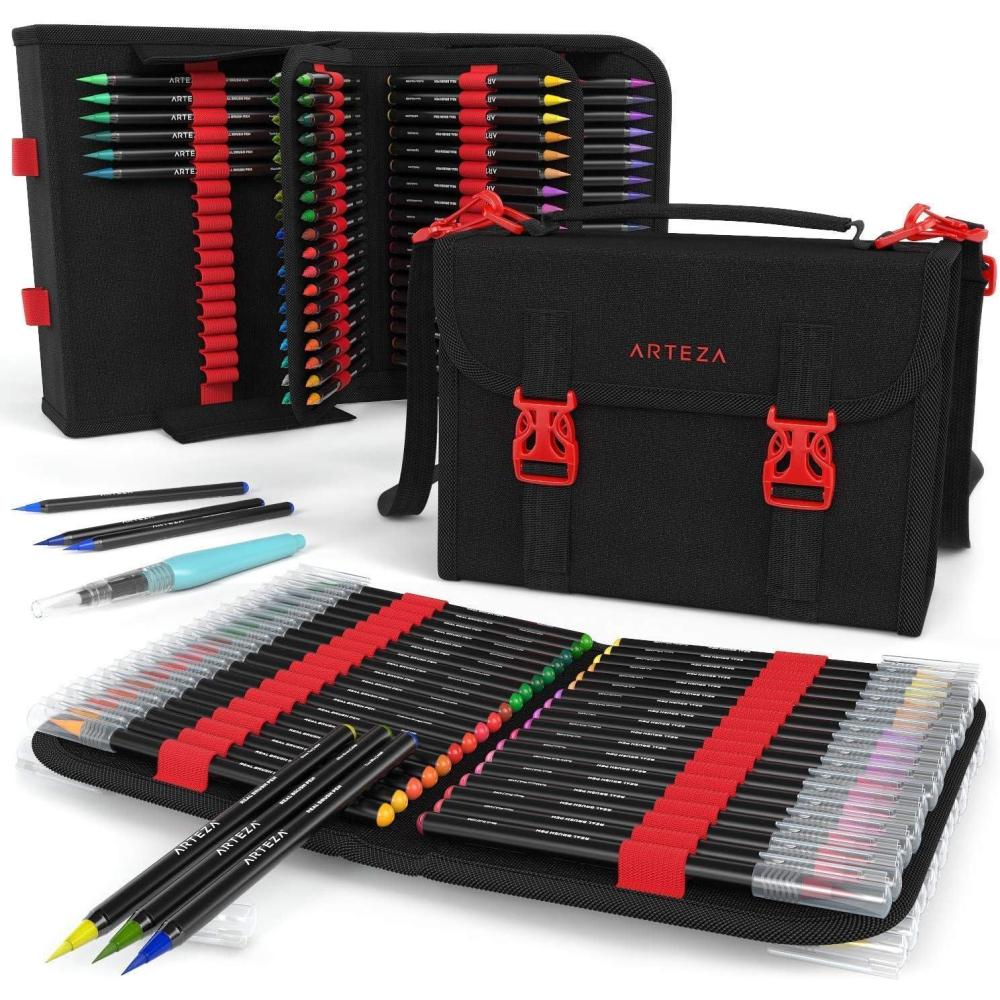 ARTEZA Real Brush Pens, 96 Watercolor Pens with 108-Slot Case, Drawing Markers with Flexible Brush Tips, Watercolor Markers for Artists(Artistic)