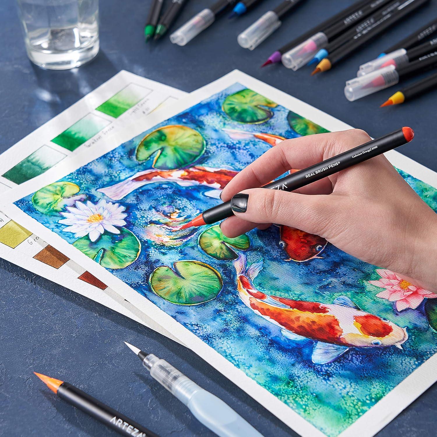 ARTEZA Real Brush Pens, 96 Watercolor Pens with 108-Slot Case, Drawing Markers with Flexible Brush Tips, Watercolor Markers for Artists(Artistic)