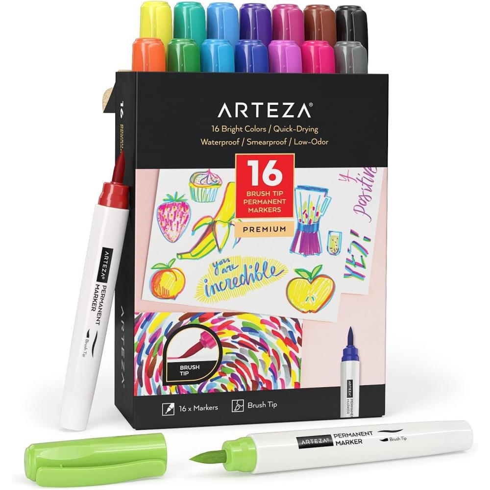 ARTEZA Permanent Markers – Set of 80 with 61 Assorted Colors, Low-Odor Quick-Dry Paint Pens, Broad, Fine, and Brush Tip for Arts, Crafts & Labeling(16 Brush Tip Pens)