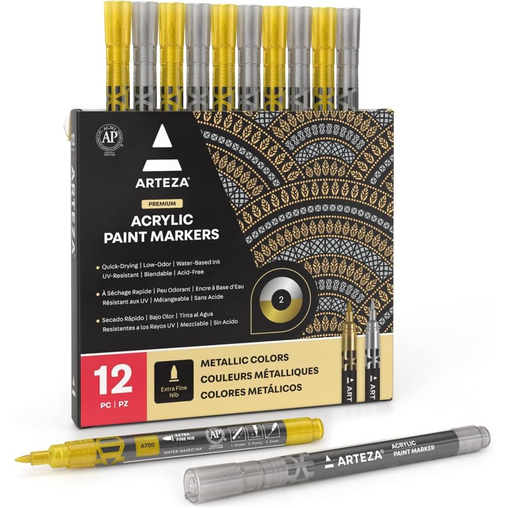 ARTEZA Acrylic Paint Markers, Set of 12 Metallic Marker Pens, 3 Gold, 3 Silver, 3 Black, 3 White, Extra-Fine Nibs, 15mm, for Stone, Glass, and Wood(Gold)