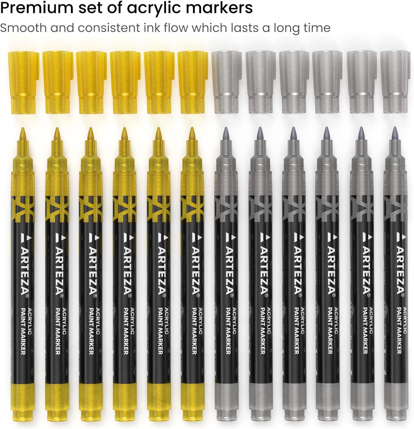 ARTEZA Acrylic Paint Markers, Set of 12 Metallic Marker Pens, 3 Gold, 3 Silver, 3 Black, 3 White, Extra-Fine Nibs, 15mm, for Stone, Glass, and Wood(Gold)