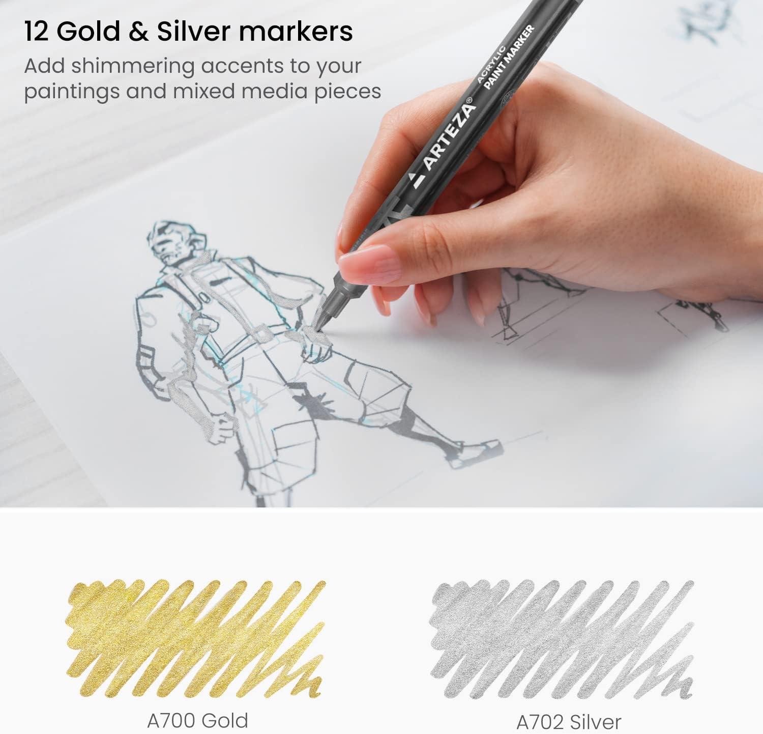 ARTEZA Acrylic Paint Markers, Set of 12 Metallic Marker Pens, 3 Gold, 3 Silver, 3 Black, 3 White, Extra-Fine Nibs, 15mm, for Stone, Glass, and Wood(Gold)