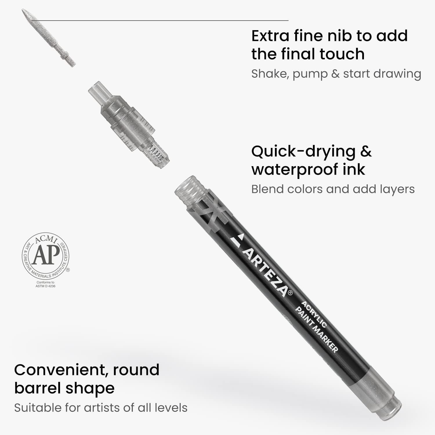 ARTEZA Acrylic Paint Markers, Set of 12 Metallic Marker Pens, 3 Gold, 3 Silver, 3 Black, 3 White, Extra-Fine Nibs, 15mm, for Stone, Glass, and Wood(Gold)