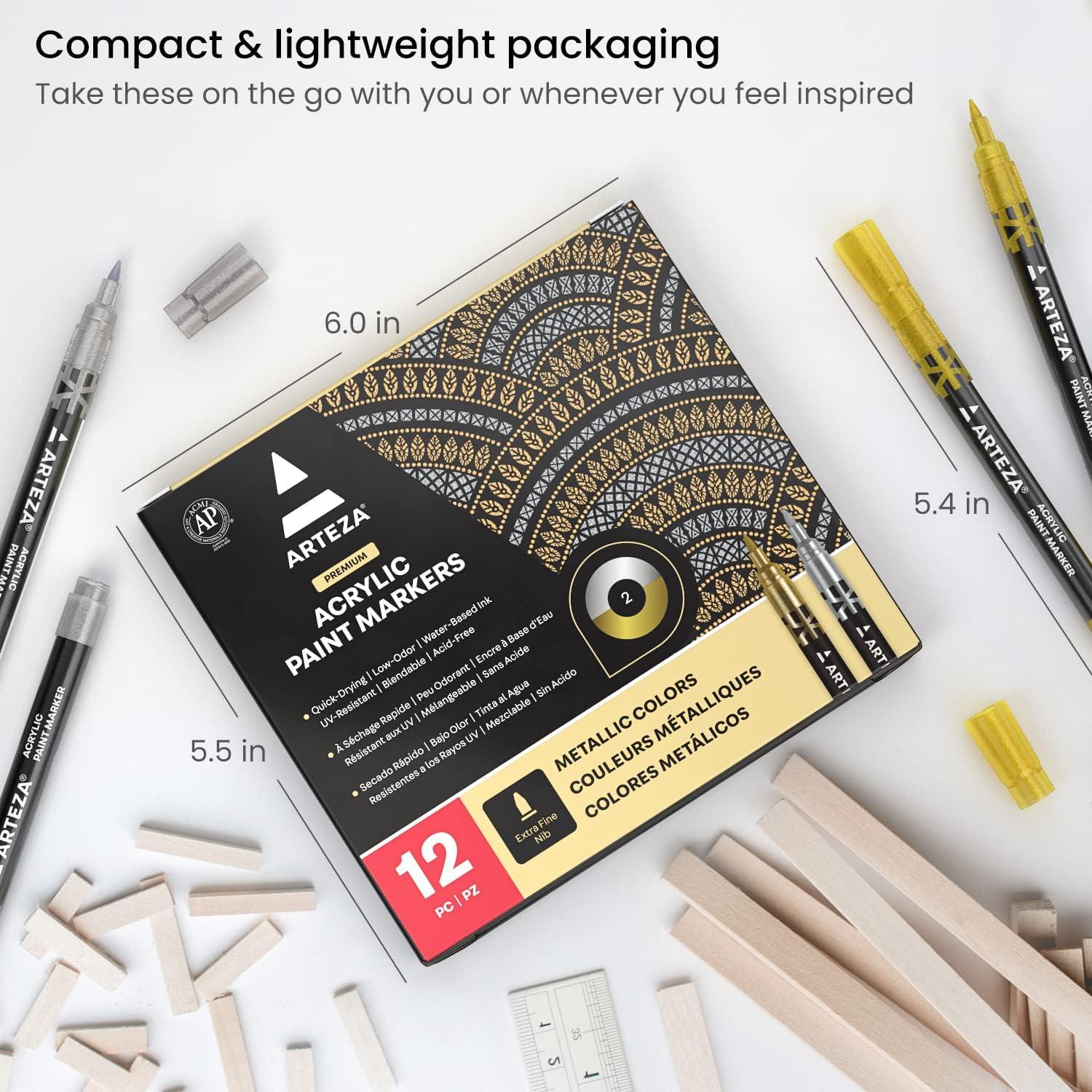ARTEZA Acrylic Paint Markers, Set of 12 Metallic Marker Pens, 3 Gold, 3 Silver, 3 Black, 3 White, Extra-Fine Nibs, 15mm, for Stone, Glass, and Wood(Gold)
