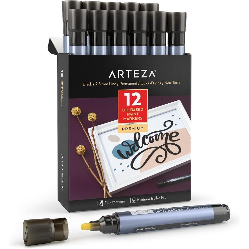 ARTEZA Oil Based Paint Markers, 12-Pack, Black, 2.5 mm Permanent Pens, Waterproof Craft and Art Supplies for Stone, Wood, Glass, Metal, Canvas, Paper
