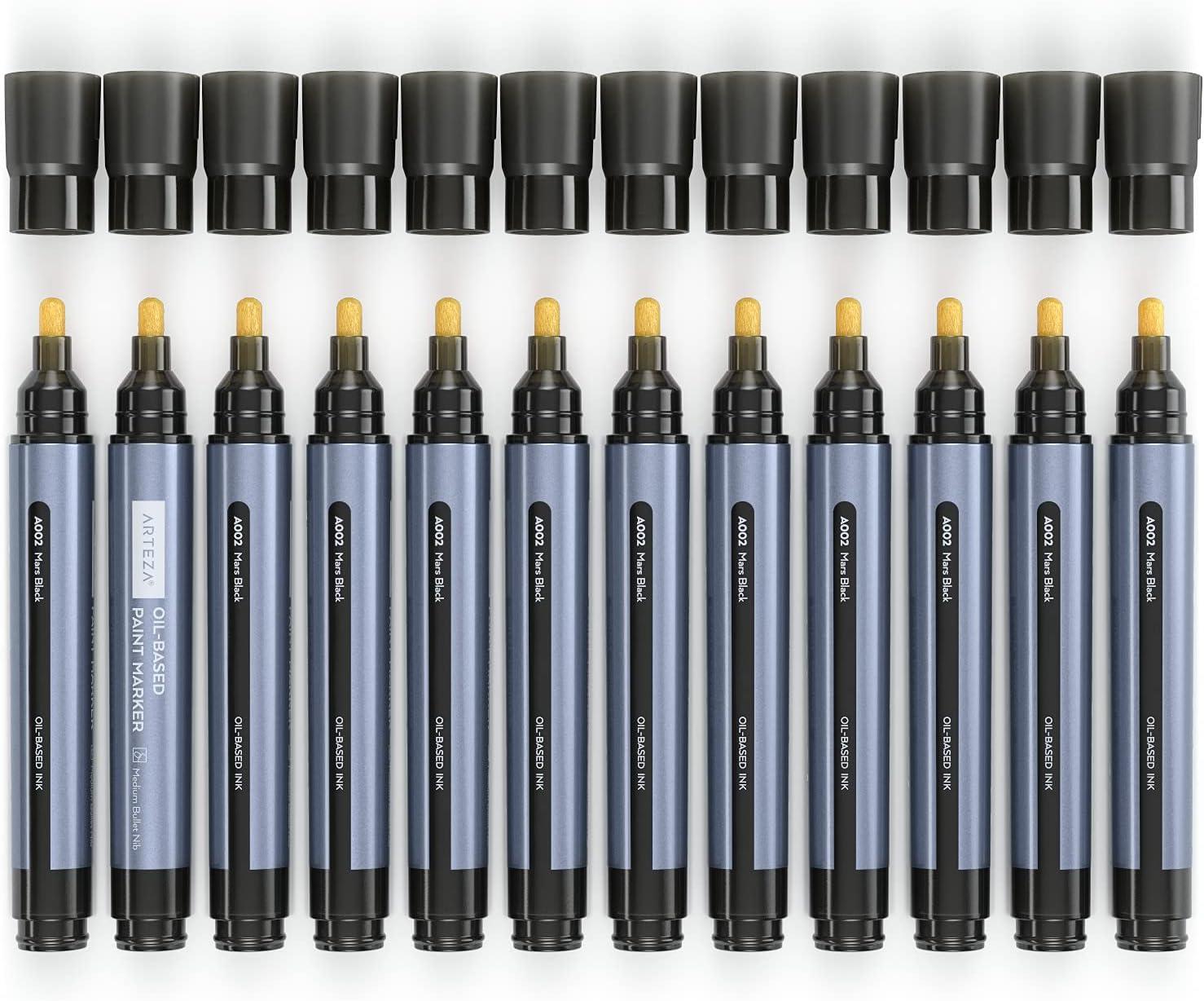ARTEZA Oil Based Paint Markers, 12-Pack, Black, 2.5 mm Permanent Pens, Waterproof Craft and Art Supplies for Stone, Wood, Glass, Metal, Canvas, Paper