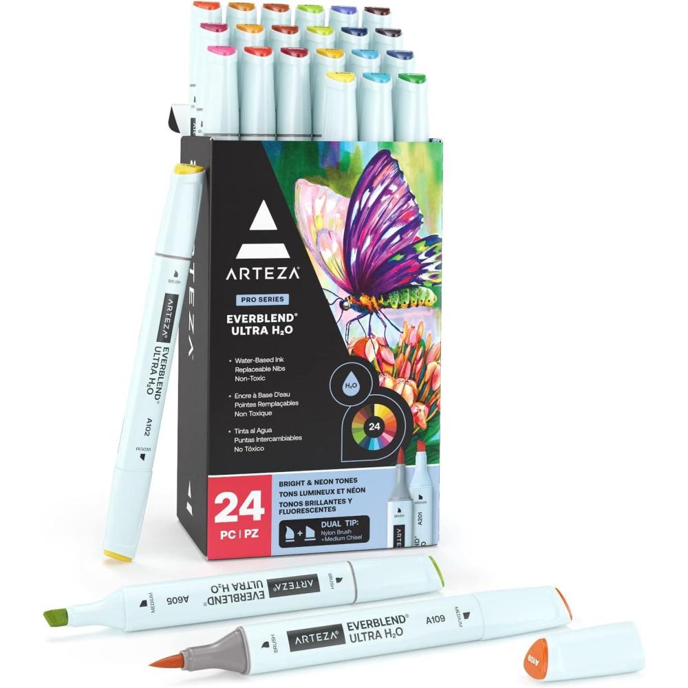 ARTEZA Dual Tip Brush Pens, 12 Vintage Tones, EverBlend Watercolor Calligraphy Markers, Nylon Brush and Medium Chisel Nib, Water-Based Ink(24 Bright and Neon Tones)