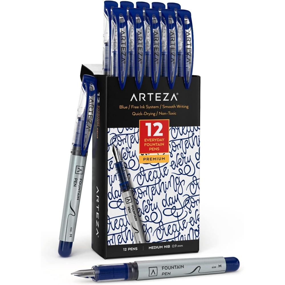 ARTEZA Disposable Fountain Pens, Pack of 12, Medium 0.9-mm Nib, Smooth-Writing Quick-Drying Black Ink Pen, Art Supplies for Professionals, Students, and Hobbyists(Blue)