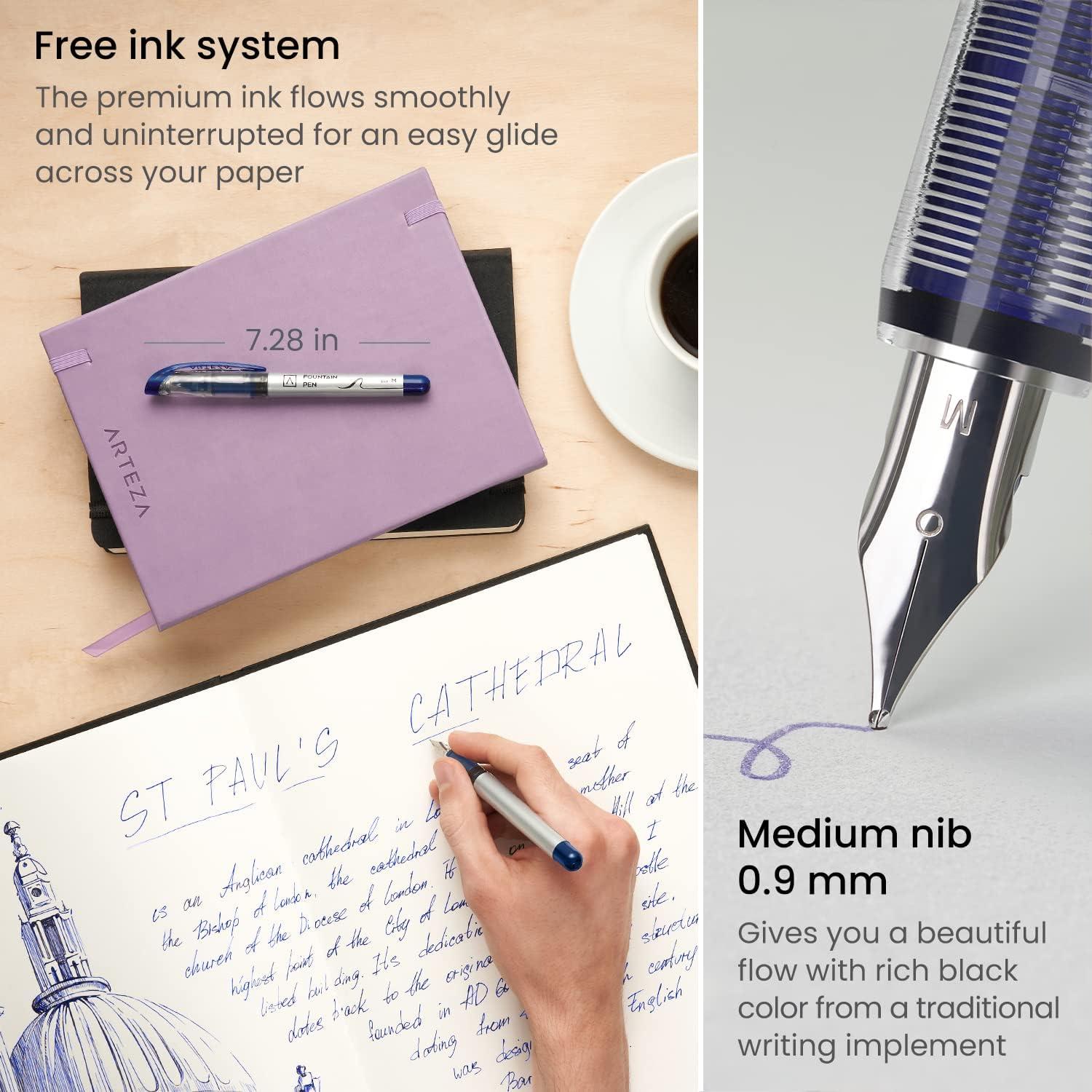 ARTEZA Disposable Fountain Pens, Pack of 12, Medium 0.9-mm Nib, Smooth-Writing Quick-Drying Black Ink Pen, Art Supplies for Professionals, Students, and Hobbyists(Blue)