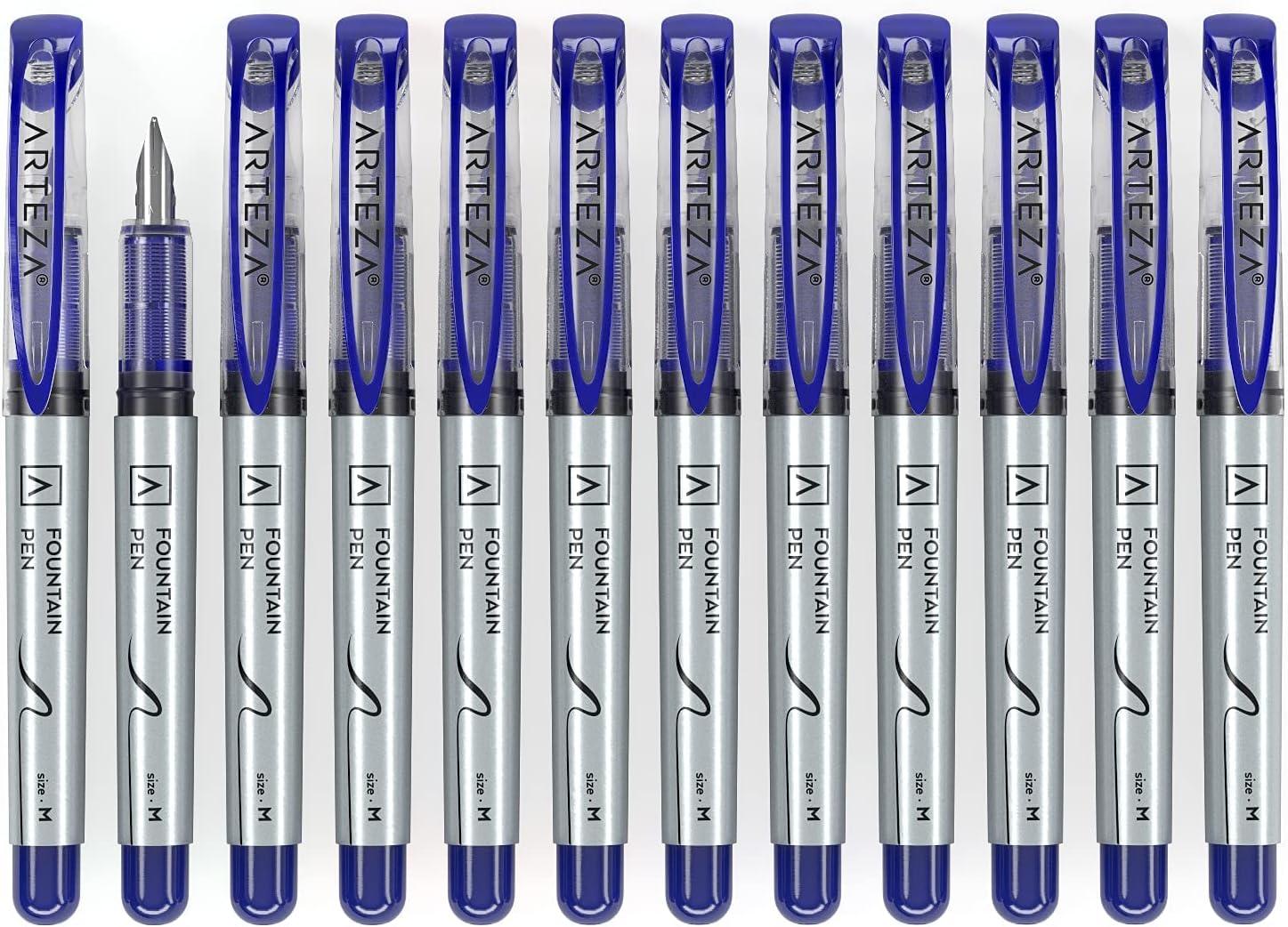 ARTEZA Disposable Fountain Pens, Pack of 12, Medium 0.9-mm Nib, Smooth-Writing Quick-Drying Black Ink Pen, Art Supplies for Professionals, Students, and Hobbyists(Blue)