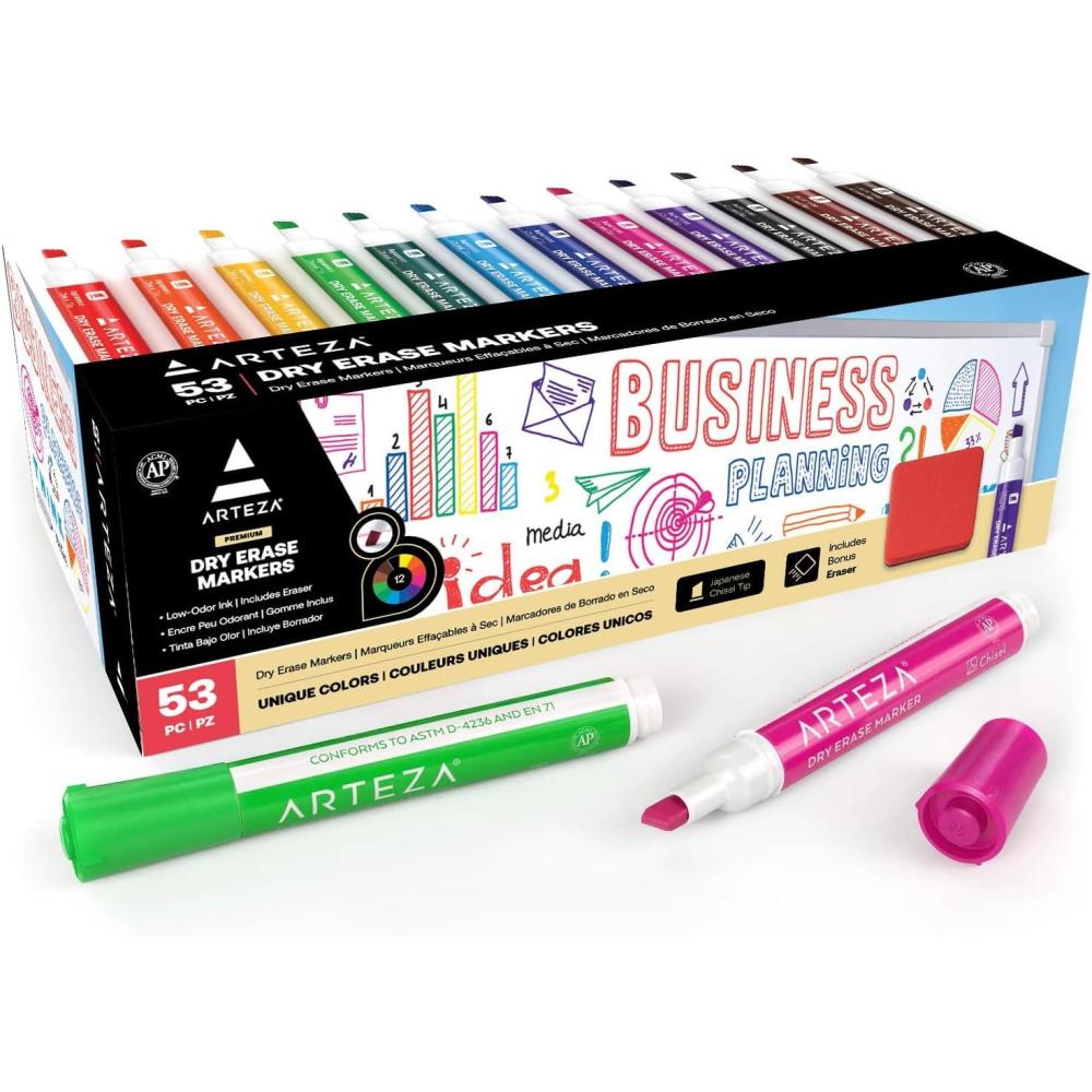ARTEZA Dry Erase Markers Bulk Pack of 52, 12 Assorted Colors, Low-Odor Ink Whiteboard Pens with Chisel Tip, Office Supplies for Classroom, Home & Teachers(52 Colors)