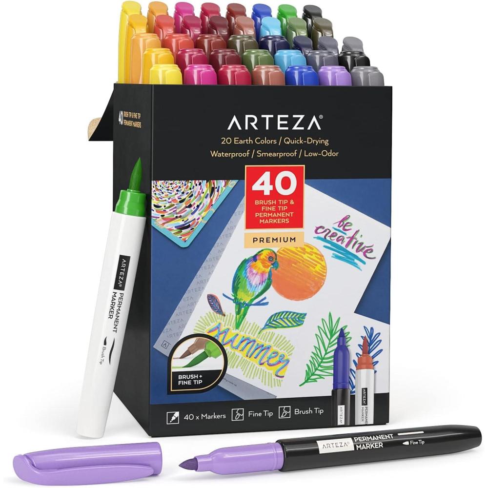 ARTEZA Permanent Markers – Set of 80 with 61 Assorted Colors, Low-Odor Quick-Dry Paint Pens, Broad, Fine, and Brush Tip for Arts, Crafts & Labeling(40 Brush & Fine Tip)