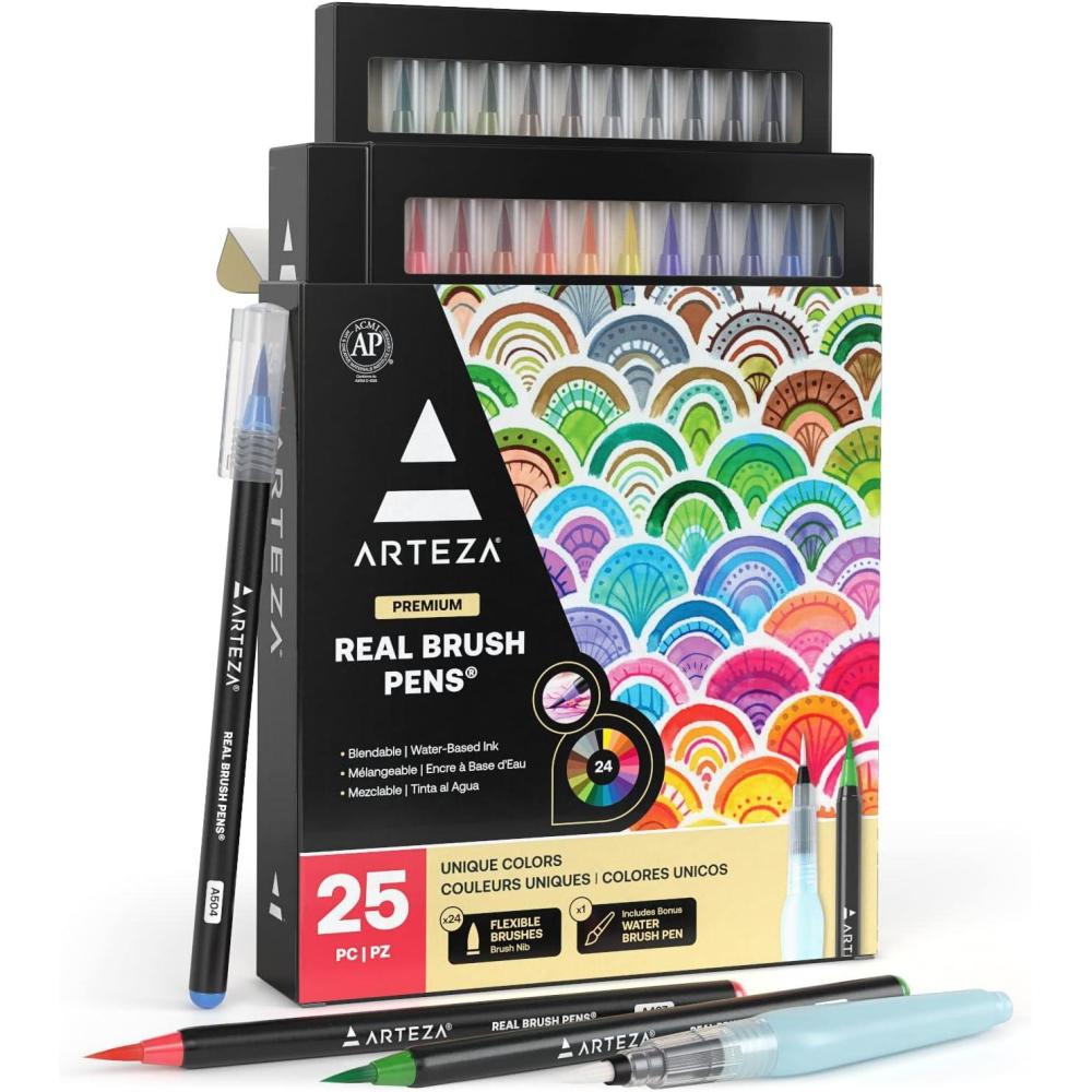 ARTEZA Real Brush Pens, 96 Watercolor Pens with 108-Slot Case, Drawing Markers with Flexible Brush Tips, Watercolor Markers for Artists(Assorted Tones)