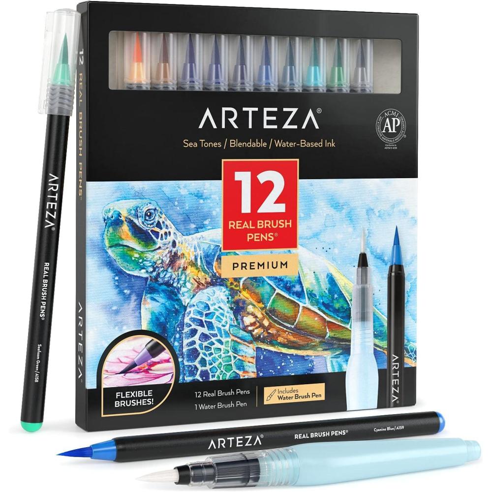 ARTEZA 12 Watercolor Pens for Artists, Landscape Tones Real Brush Pens, Blendable Watercolor Markers for Adults(Sea Colors)