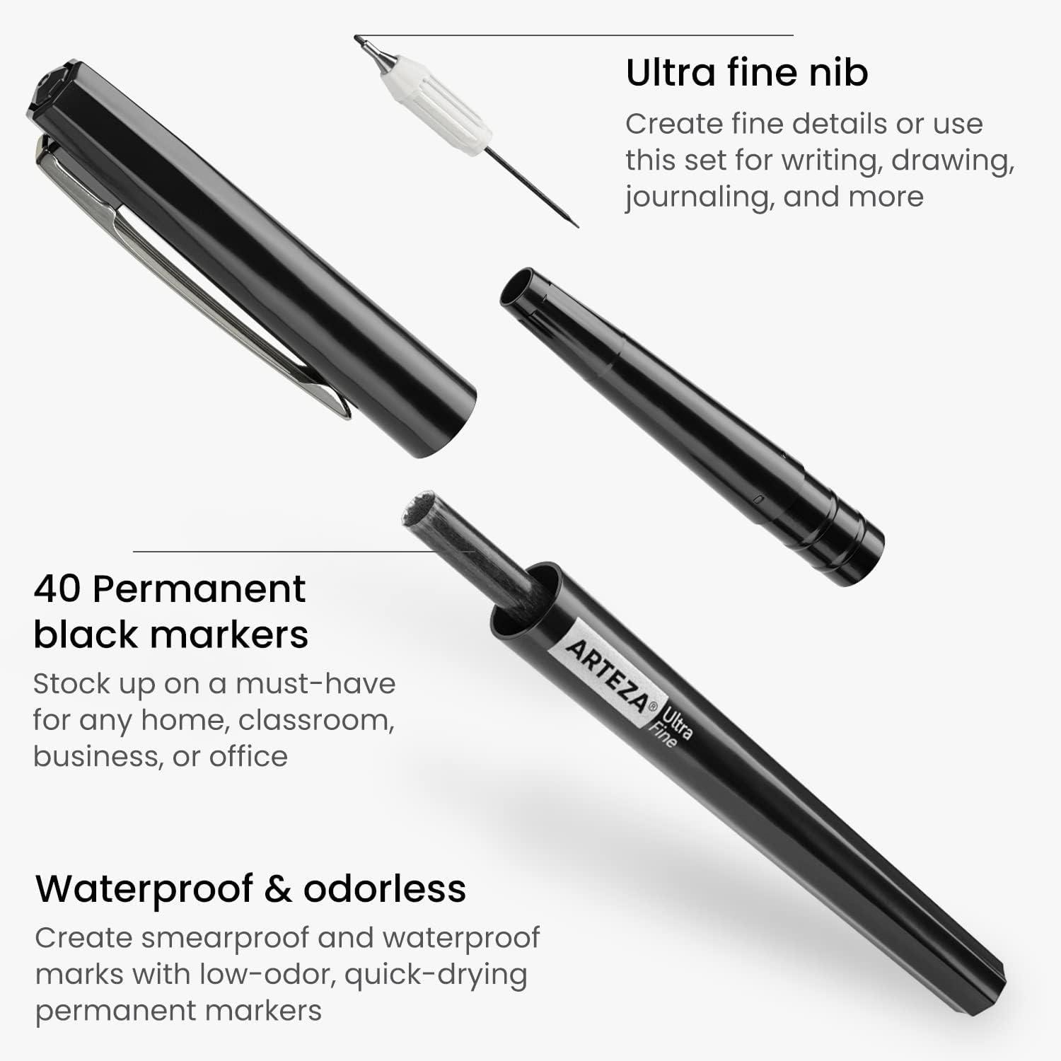 ARTEZA Permanent Markers, 40 Black Pens, Ultra-Fine Tip Paint Pens, Quick-Drying, Water Resistant, for Calligraphy and Note Taking, Office, Classroom(Ultra-Fine Tip)