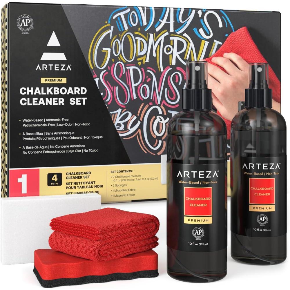 Arteza Chalkboard Cleaner Set with 2 Cleaners, 10-Ounces Each, 1 Microfiber Fabric Towel, 2 Magic Sponges & 1 Magnetic Eraser, Office Supplies for Chalkboards, Blackboards & Glass Surfaces(6)