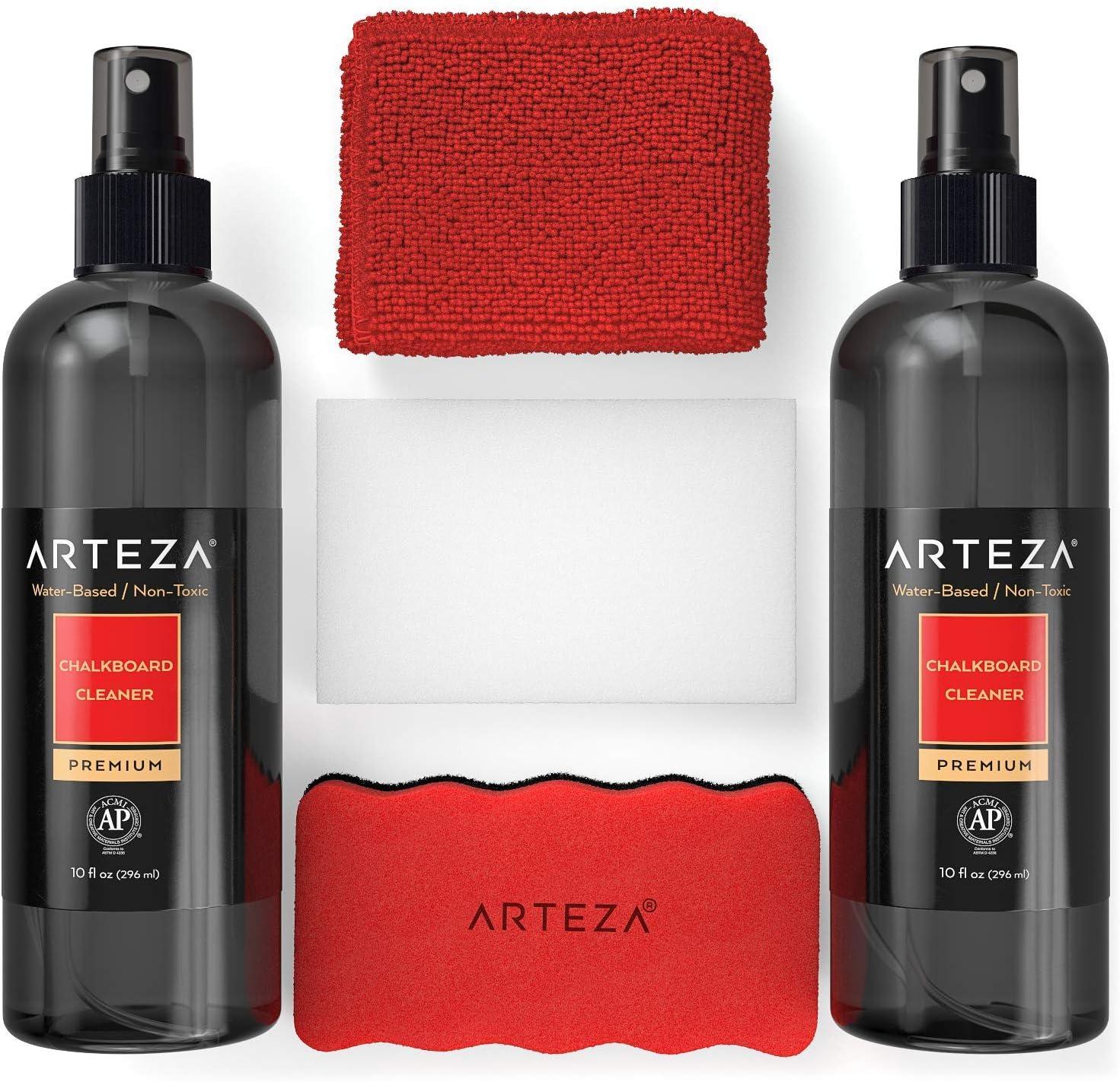Arteza Chalkboard Cleaner Set with 2 Cleaners, 10-Ounces Each, 1 Microfiber Fabric Towel, 2 Magic Sponges & 1 Magnetic Eraser, Office Supplies for Chalkboards, Blackboards & Glass Surfaces(6)