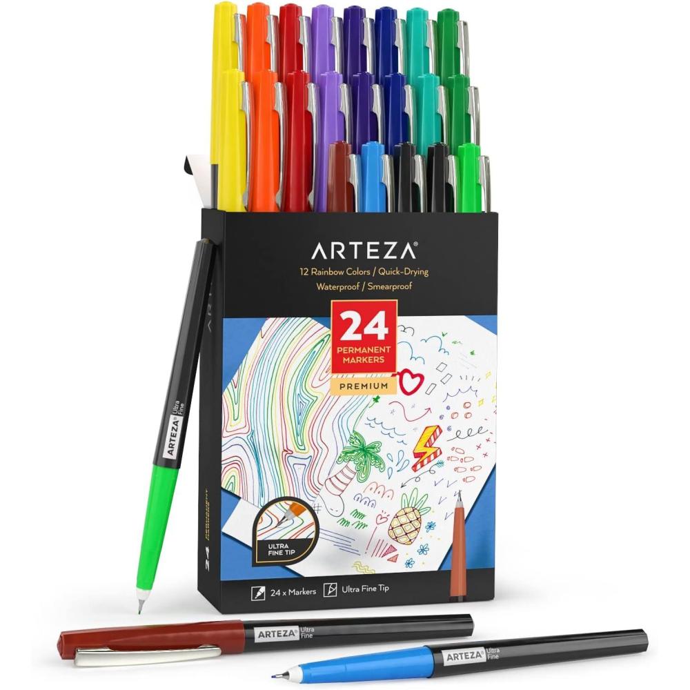 ARTEZA Permanent Markers, 40 Black Pens, Ultra-Fine Tip Paint Pens, Quick-Drying, Water Resistant, for Calligraphy and Note Taking, Office, Classroom(Set 24  12 Rainbow Colors)
