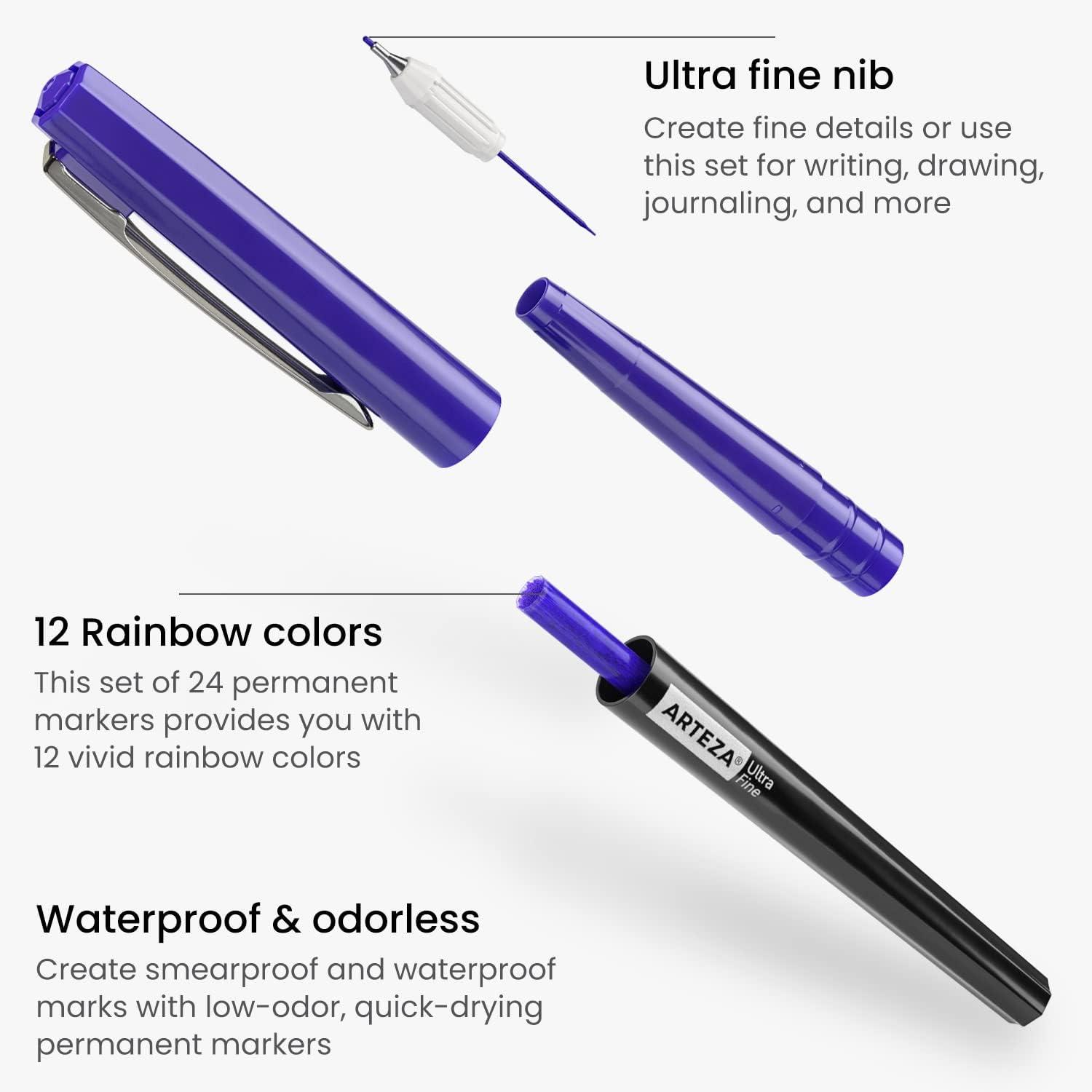 ARTEZA Permanent Markers, 40 Black Pens, Ultra-Fine Tip Paint Pens, Quick-Drying, Water Resistant, for Calligraphy and Note Taking, Office, Classroom(Set 24  12 Rainbow Colors)