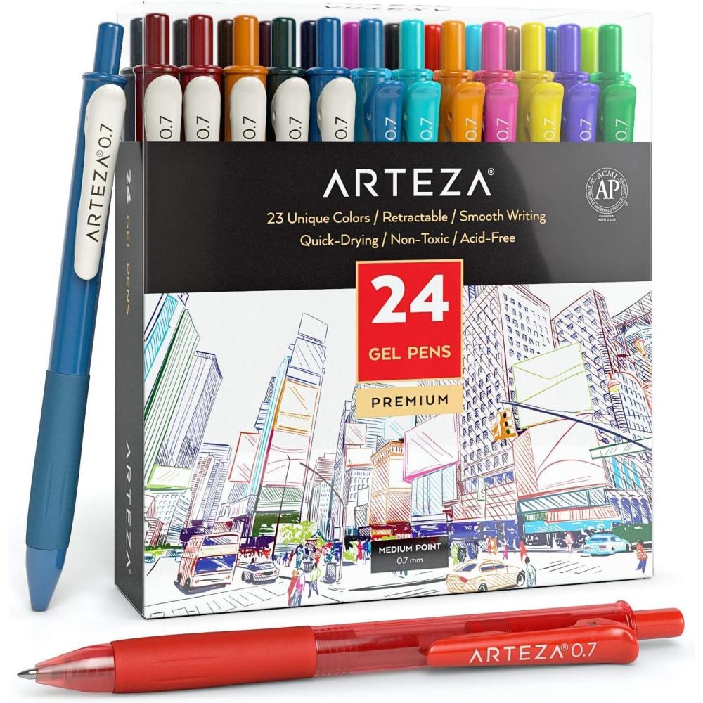 Arteza Colored Gel Pens, Pack of 24, 10 Vintage and 14 Vibrant Colors, Fine 0.7 mm Tip, Retractable, Art Supplies for Journaling, Drawing, Doodling, and Notetaking(1 Count (Pack of 24))