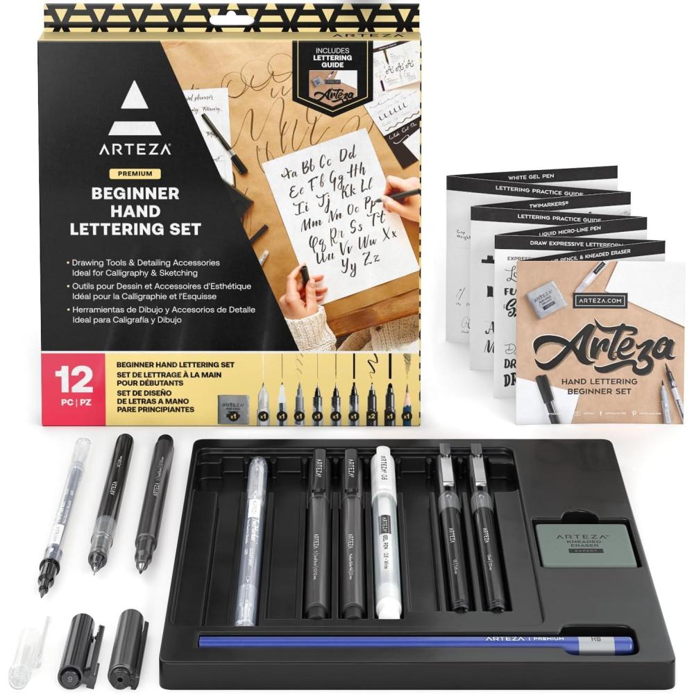 ARTEZA Hand Lettering Pens Set of 12 – Calligraphy and Brush Pens with Guidebook, Pencil, Eraser for Beginners Learning Hand Lettering and Decorative Writing