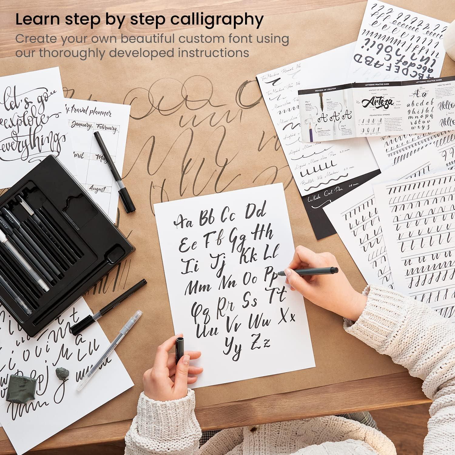ARTEZA Hand Lettering Pens Set of 12 – Calligraphy and Brush Pens with Guidebook, Pencil, Eraser for Beginners Learning Hand Lettering and Decorative Writing