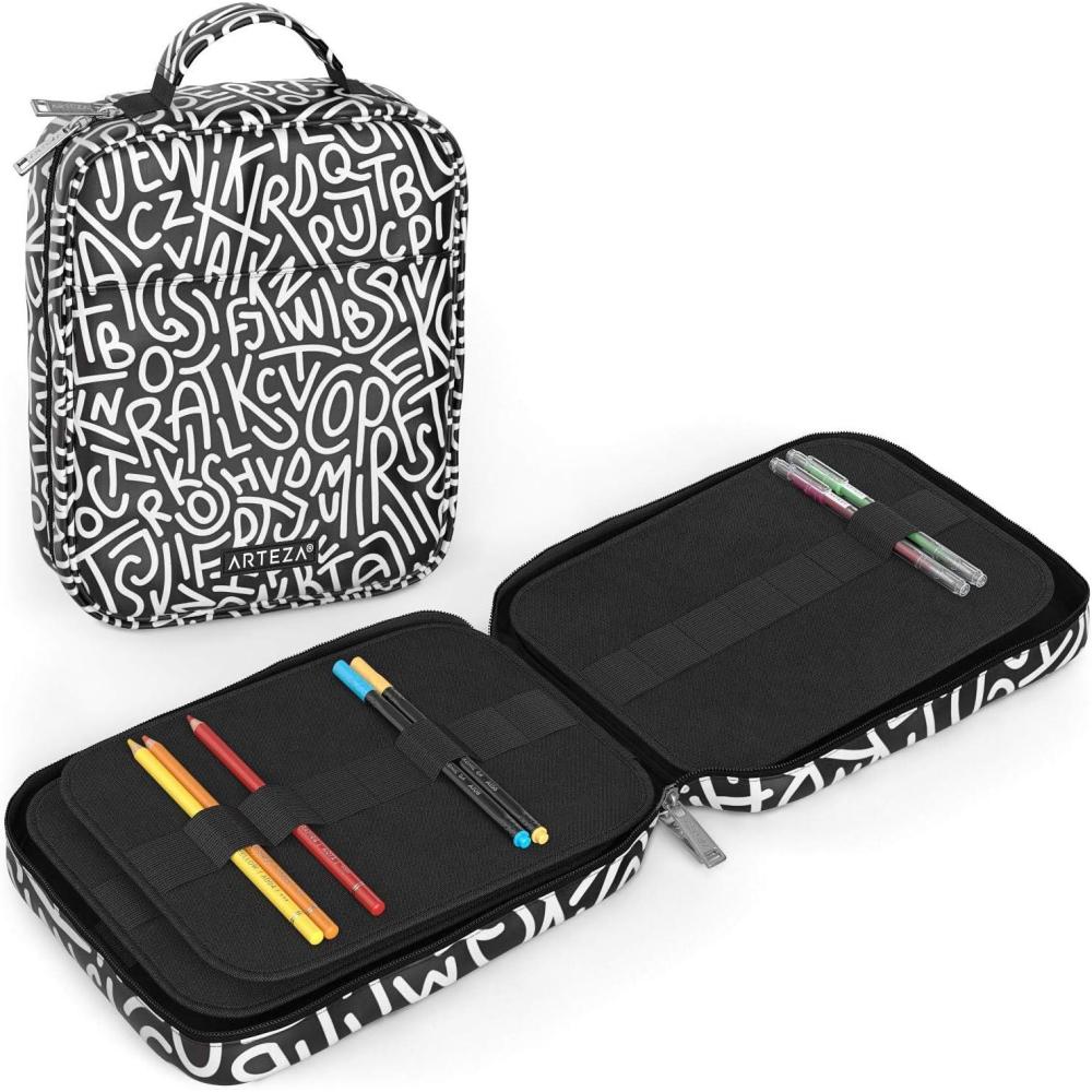 Arteza Pencil Case Organizer, 64 Elastic Slots, Paint Splatter Pattern, Large Capacity, Holds Up to 205 Pencils, Pens, and Markers(Black & White)