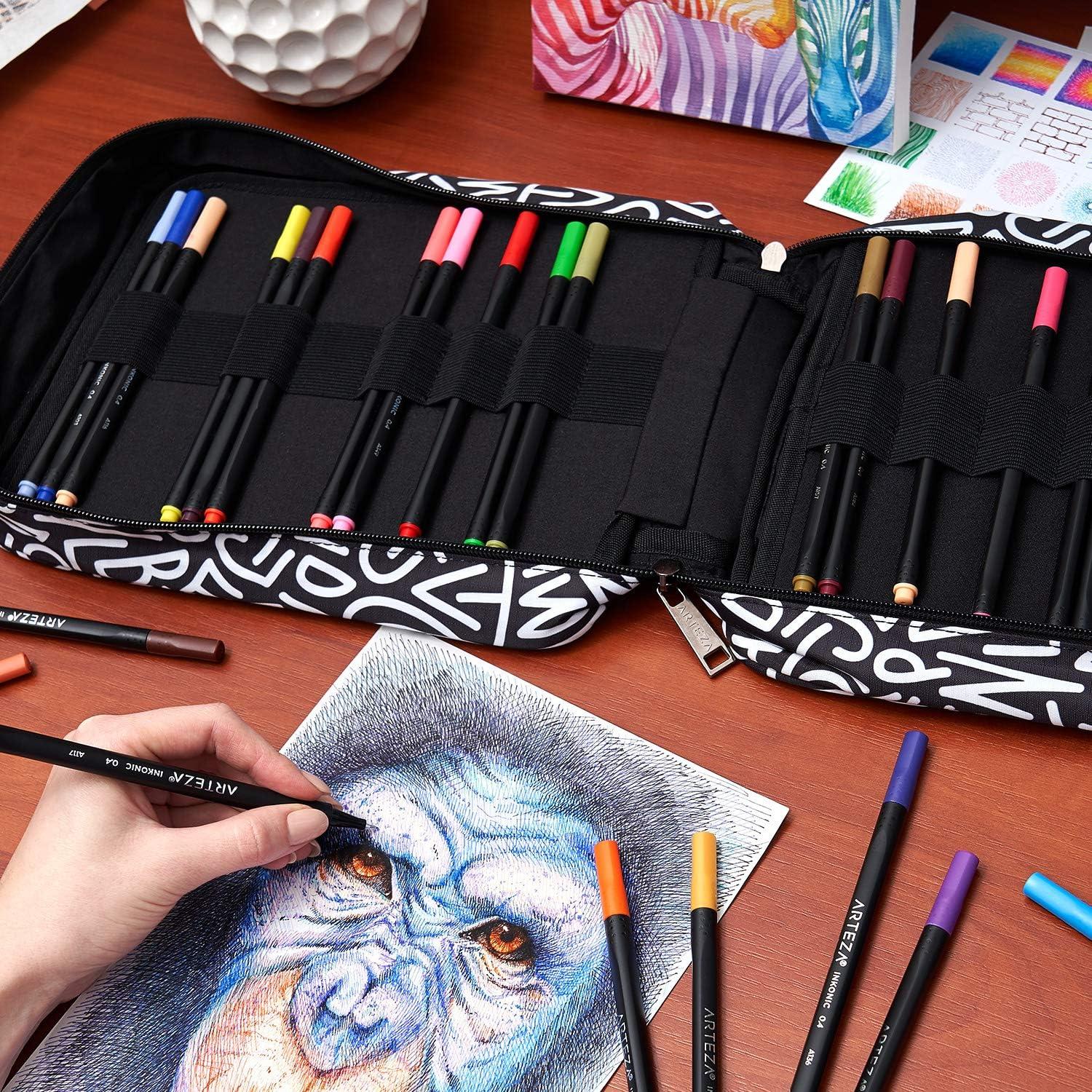 Arteza Pencil Case Organizer, 64 Elastic Slots, Paint Splatter Pattern, Large Capacity, Holds Up to 205 Pencils, Pens, and Markers(Black & White)